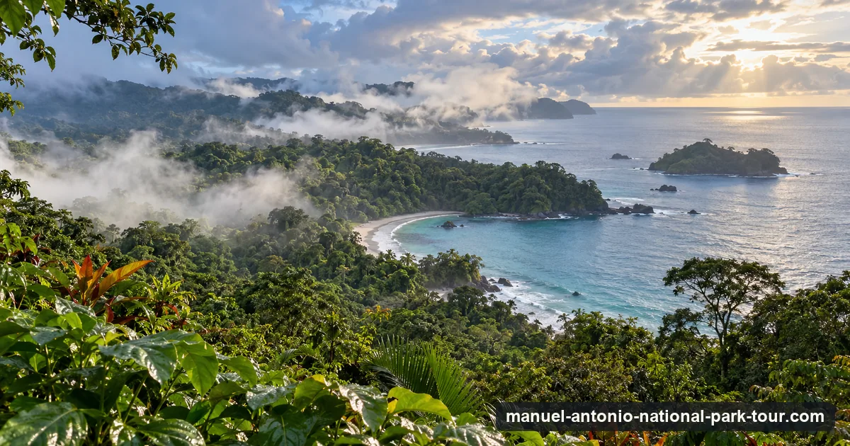 Rain clouds lifting off the forested coves of Manuel Antonio, Costa Rica, in the green season