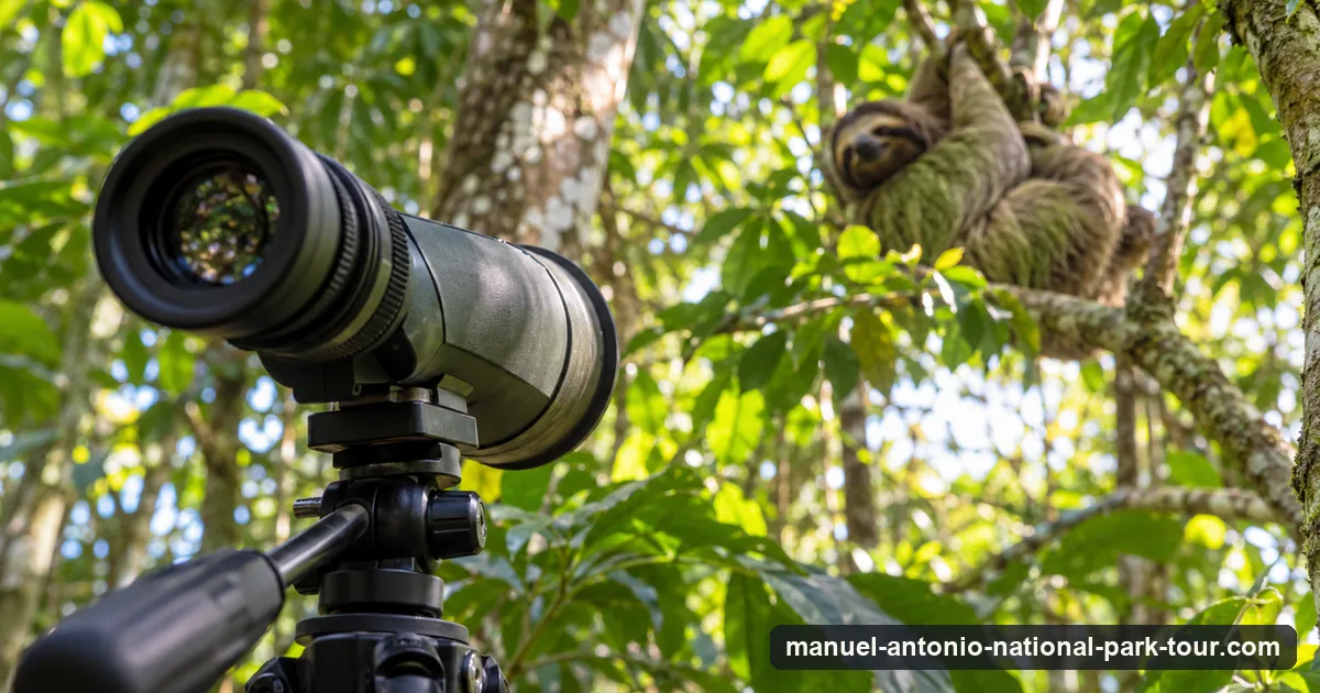 A spotting scope on a tripod on a rainforest trail in Costa Rica, a three-toed sloth high in a tree behind it