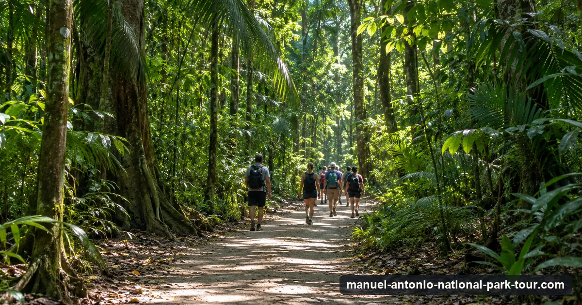 Visitors waiting at a wooden booth on the shaded entrance path of a rainforest national park in Costa Rica