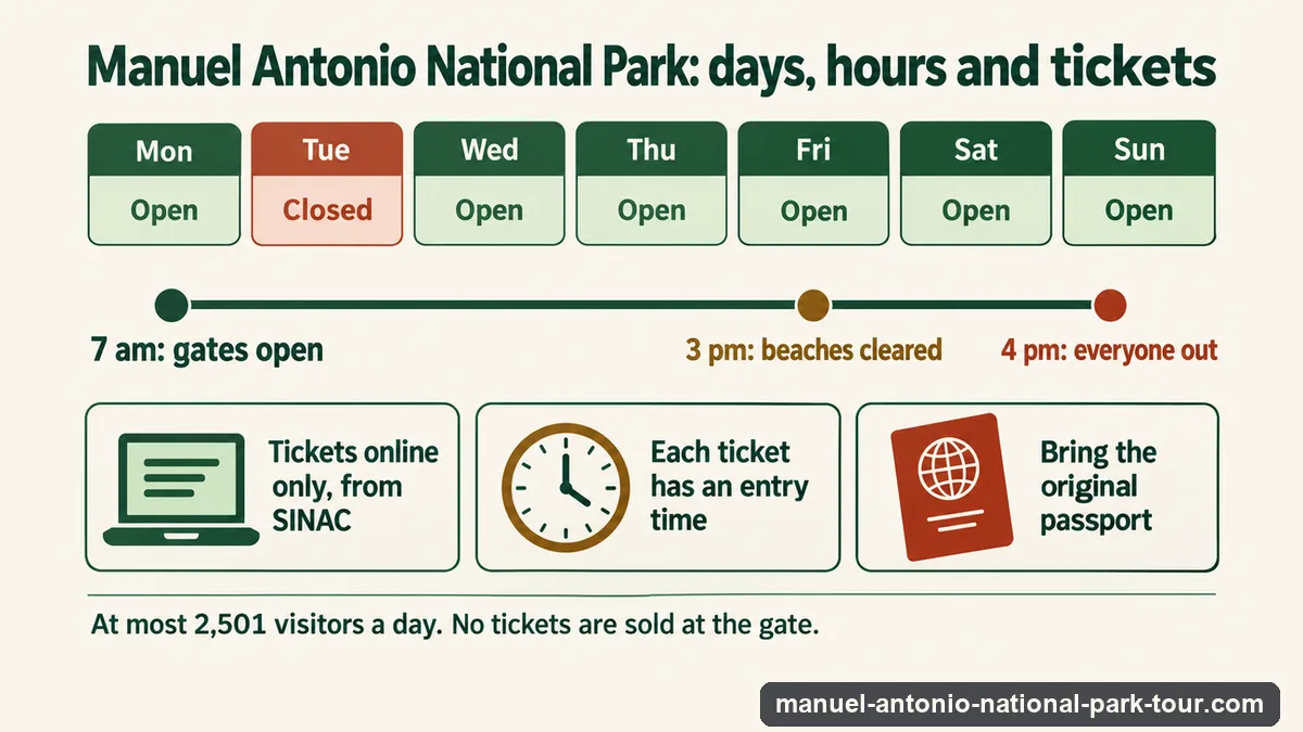Infographic of Manuel Antonio National Park's week and hours: closed every Tuesday, open 7 am, beaches cleared from 3 pm, everyone out by 4 pm, tickets online only from SINAC with an entry time and the original passport